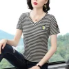 Daisy embroidered striped T-shirt for women, short sleeve, 2021 Summer new style, V-neck base layer for middle-aged mothers, slimming and shaping Item Picture